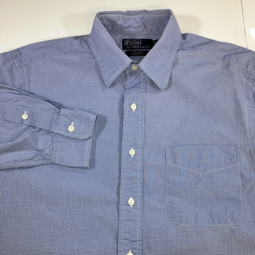 Vintage Polo Ralph Lauren Andrew Dress Shirt Mens 16 34/35 Blue Mini Check
